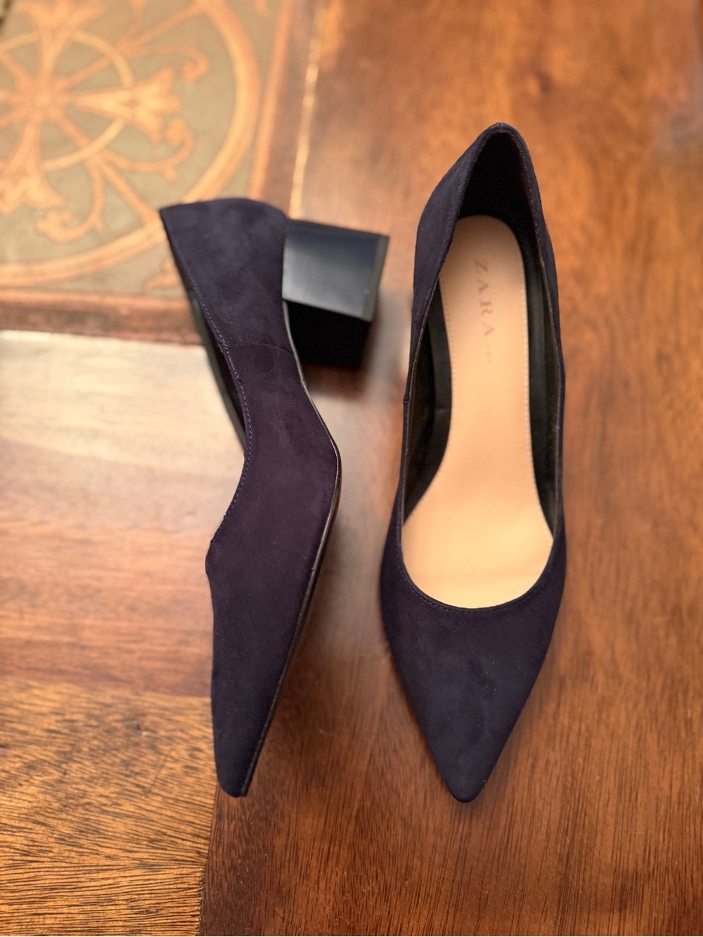 Zara TRF Dark Navy Suede Pointed Block Heel Pumps 7.5-8 EU 38